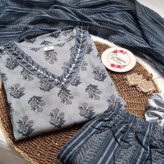 Viana - Grey Cotton Kurti 3pc set