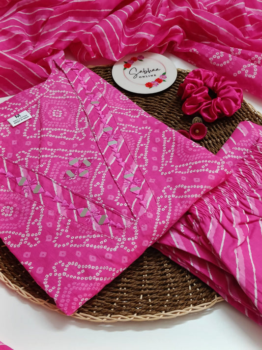 Samika - Pink Bandhani Cotton Kurti 3pc set