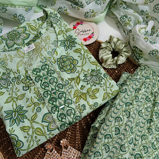 Ishika - Mint green Cotton Kurti 3pc set