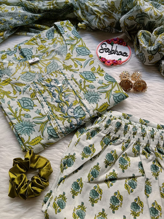 Anu - White Floral Cotton Kurti 3pc set
