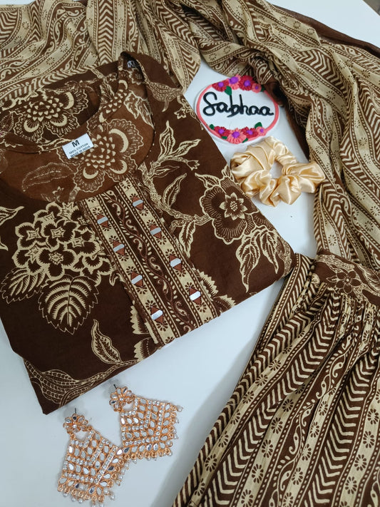 Shakti - Brown Floral Cotton Kurti 3pc set