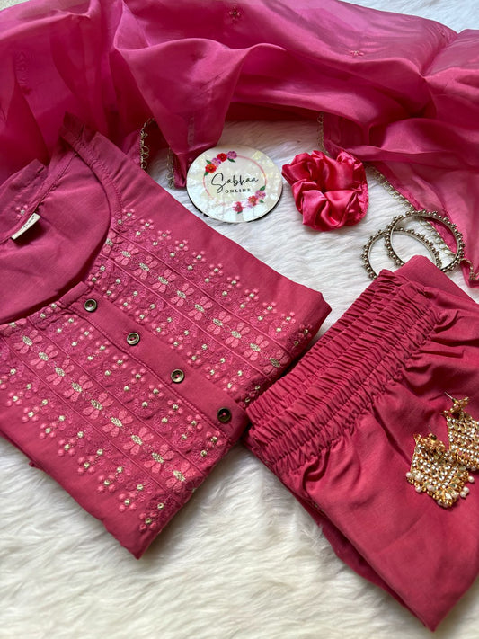 Preesha - Pink Viscose Festive Kurti 3pc set