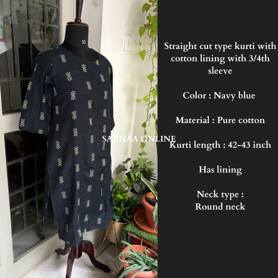 Navy Blue Cotton kurti with lining