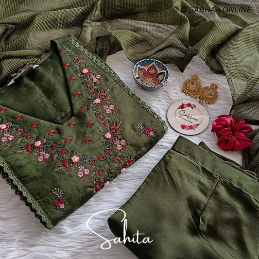 Sahita - Mehandi Green Viscose Silk Festive Kurti 3pc set