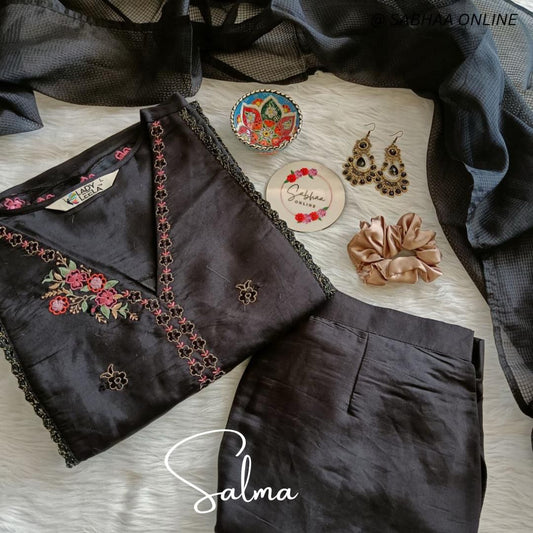 Salma - Black Viscose Silk Festive Kurti 3pc set