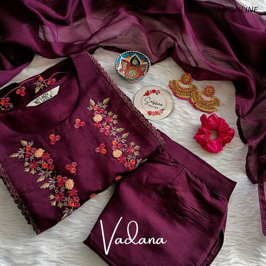 Vadana - Mulberry Purple Viscose Silk Festive Kurti 3pc set