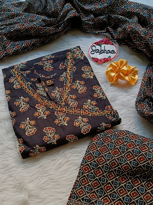 Yukta - Black Katha embroidery Cotton Kurti 3pc set