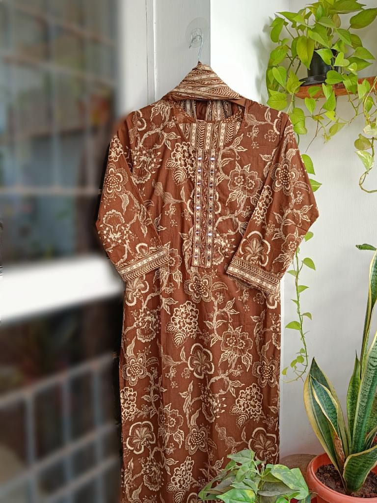 Shakti - Brown Floral Cotton Kurti 3pc set