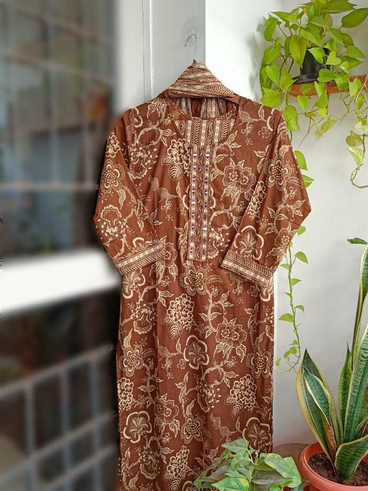 Shakti - Brown Floral Cotton Kurti 3pc set