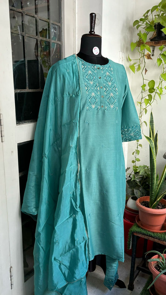 Saanvi - Teal Viscose Festive Kurti 3pc set