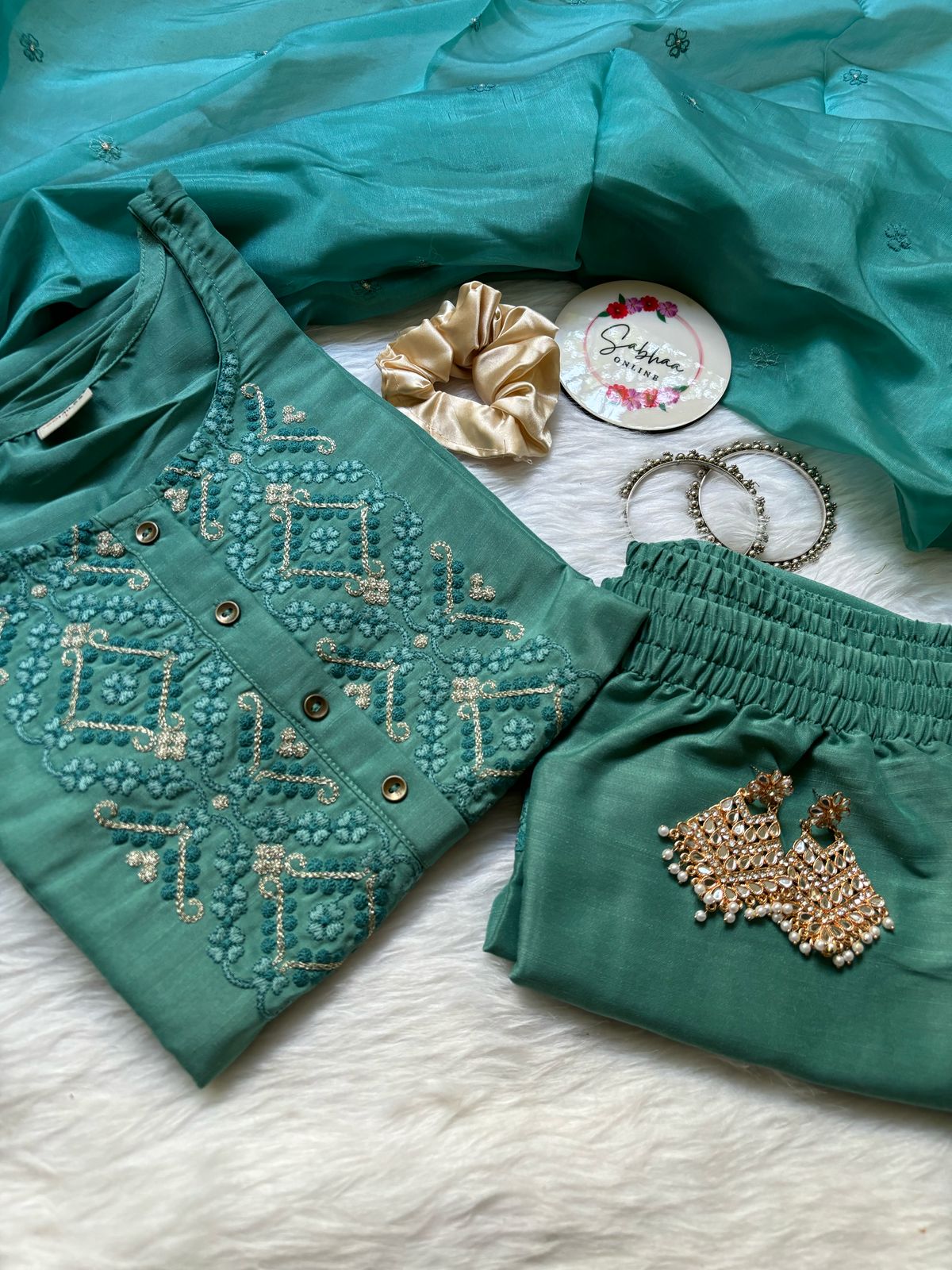 Saanvi - Teal Viscose Festive Kurti 3pc set