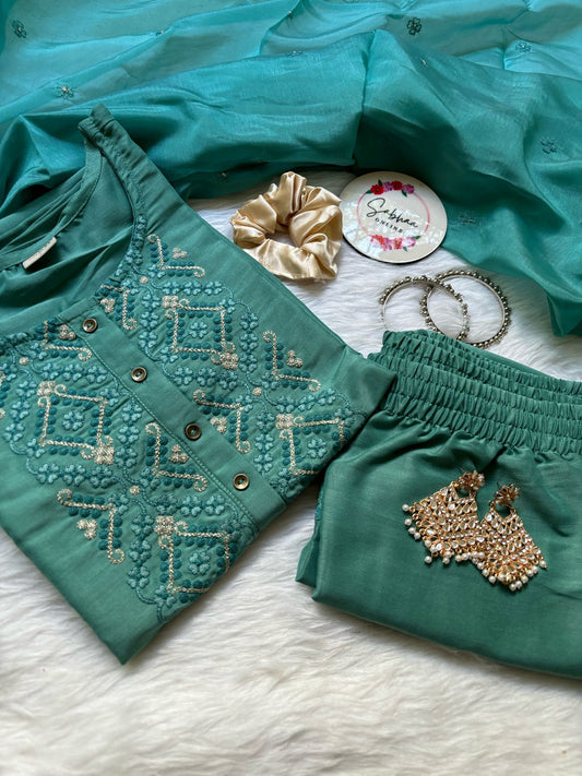 Saanvi - Teal Viscose Festive Kurti 3pc set