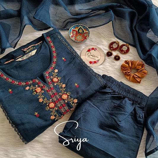 Sriya - Prussian Blue Viscose Silk Festive Kurti 3pc set