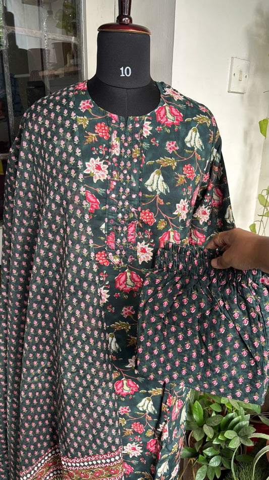 Harsha - Dark Green Cotton Kurti 3pc set