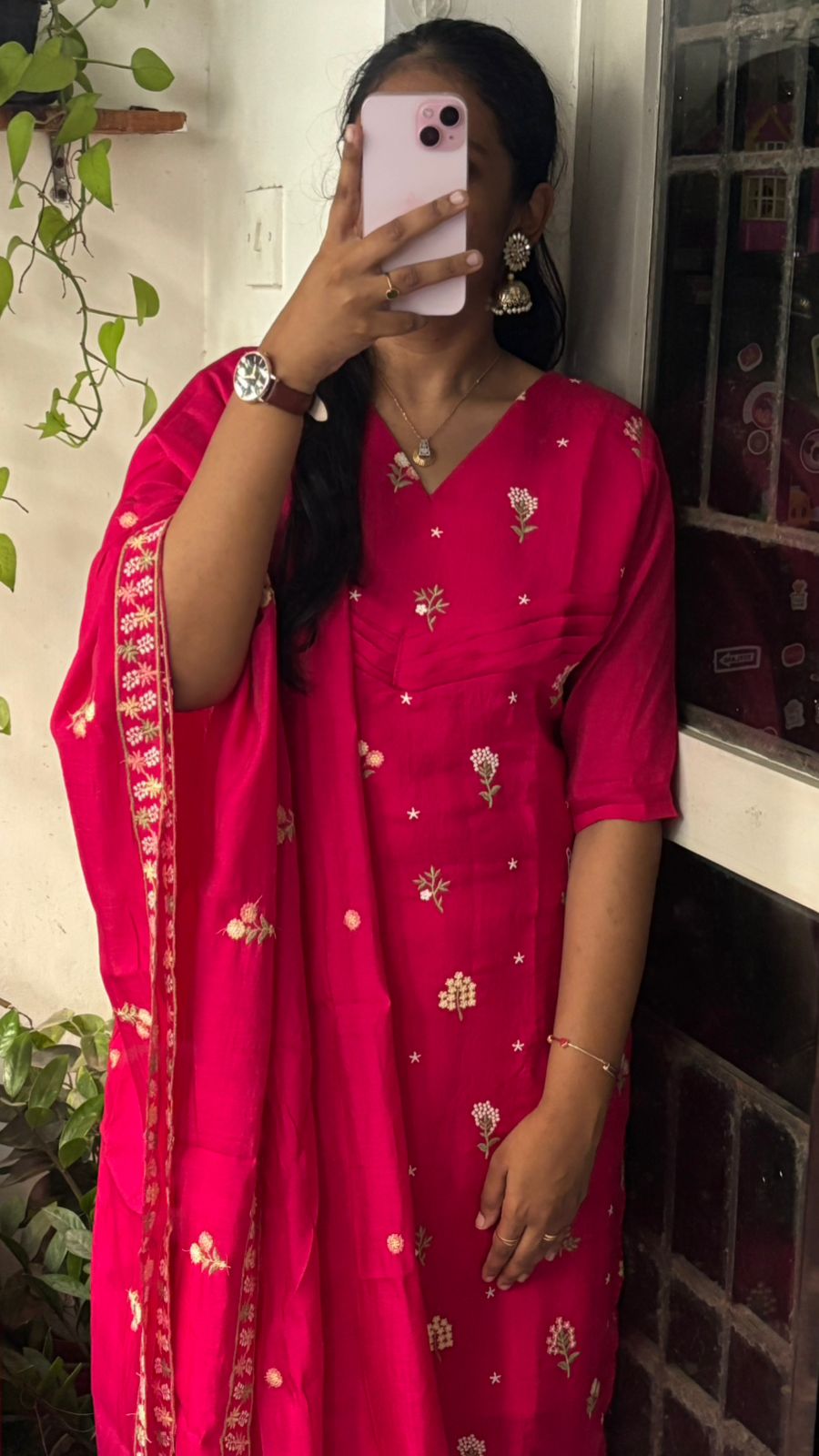 Maithreyi - Rani Pink Premium Mul Chanderi Kurti 3pc set with lining (Slim fit)