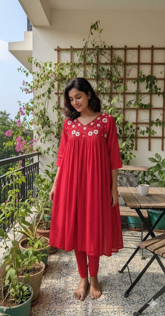 Monica - Red Embroidered Georgette Kurti with lining - LN 16