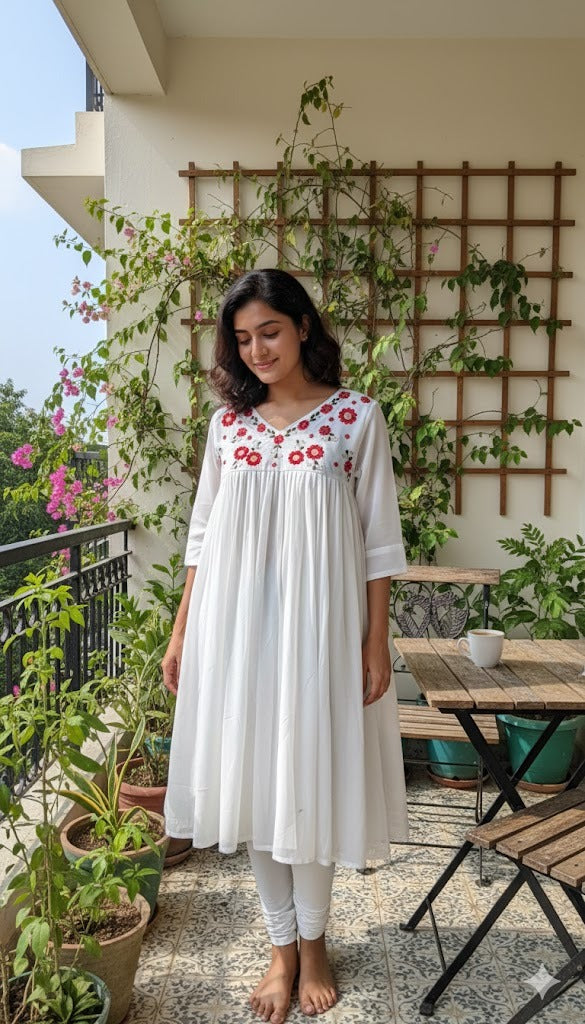 Monica - White Embroidered Georgette Anarkali kurti with lining - LN 16