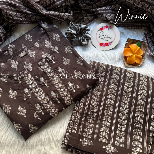 Winnie - Deep Brown Cotton kurti 3pc set
