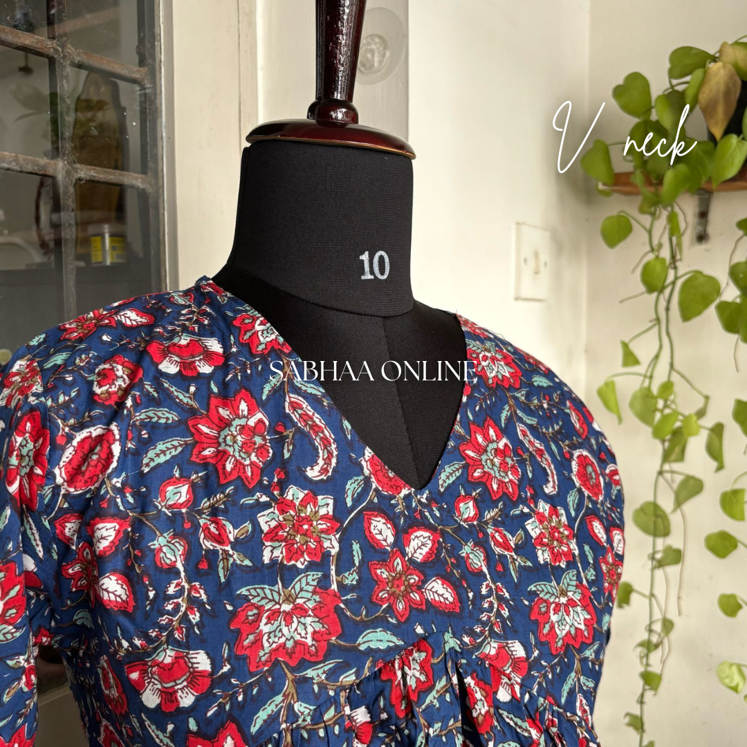 Yagna - Navy Blue Cotton Anarkali with full chudidhar sleeve