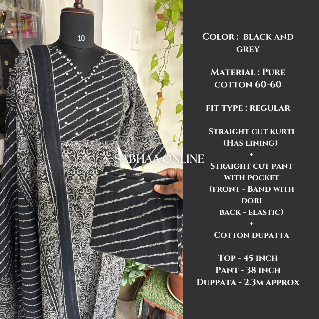 Yashoda - Black Cotton Kurti 3pc set with lining