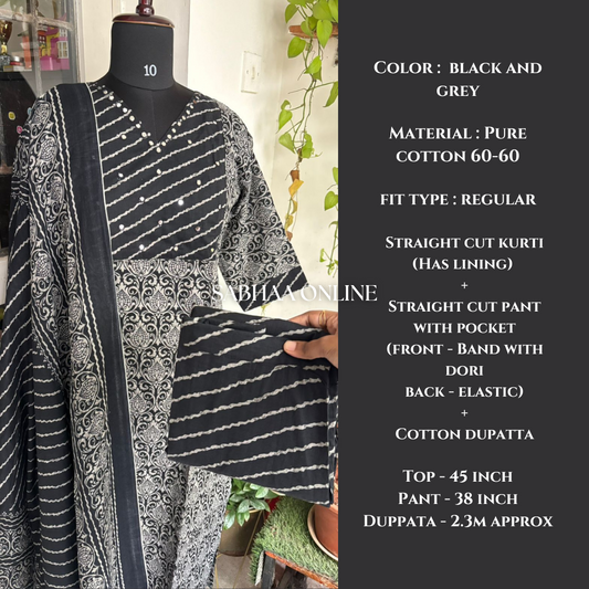Yashoda - Black Cotton Kurti 3pc set with lining