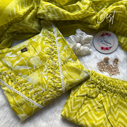 Zest - Bright Green Cotton kurti 3pc set