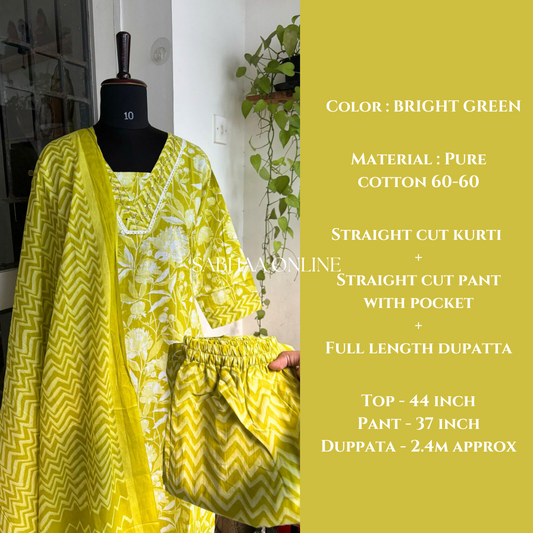 Zest - Bright Green Cotton kurti 3pc set