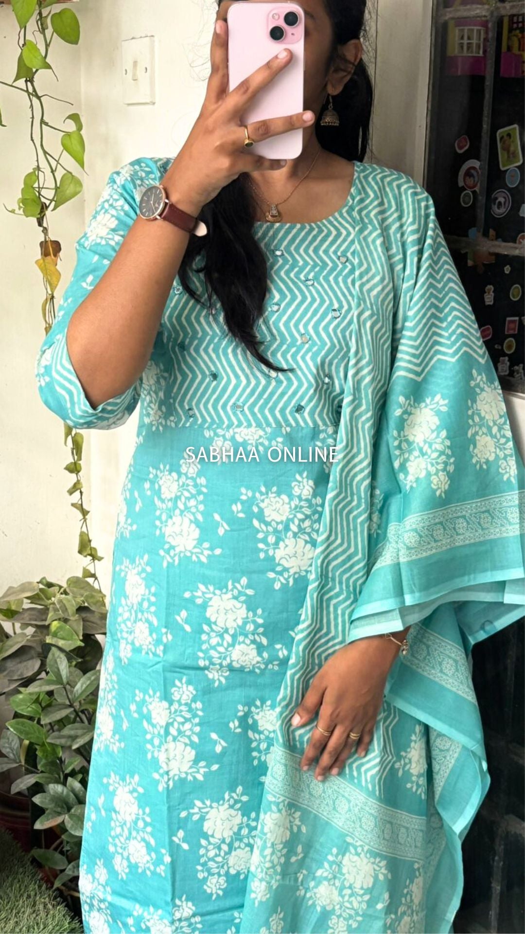 Zimal - Tiffany Blue Cotton Kurti 3pc set with lining