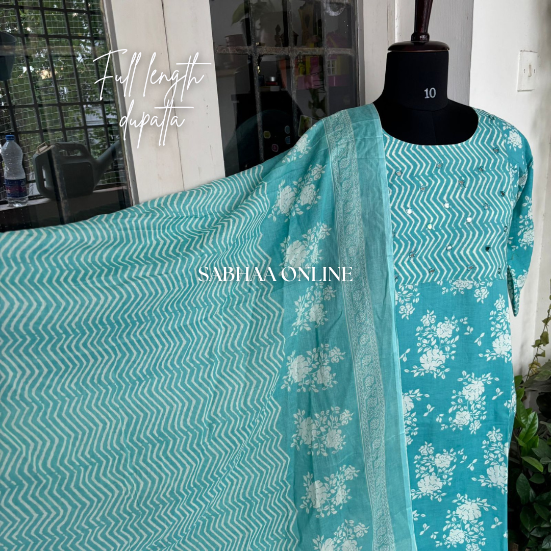 Zimal - Tiffany Blue Cotton Kurti 3pc set with lining