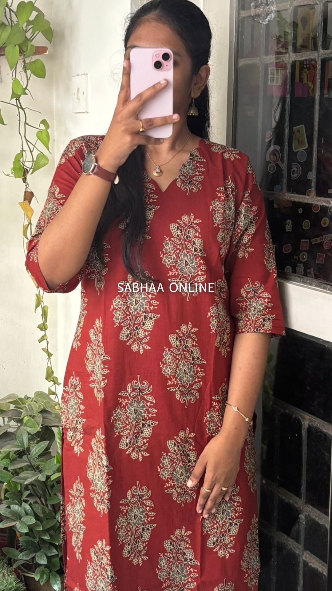 Bhoomi - Ajrakh Red Cotton Kurti pant set with lining