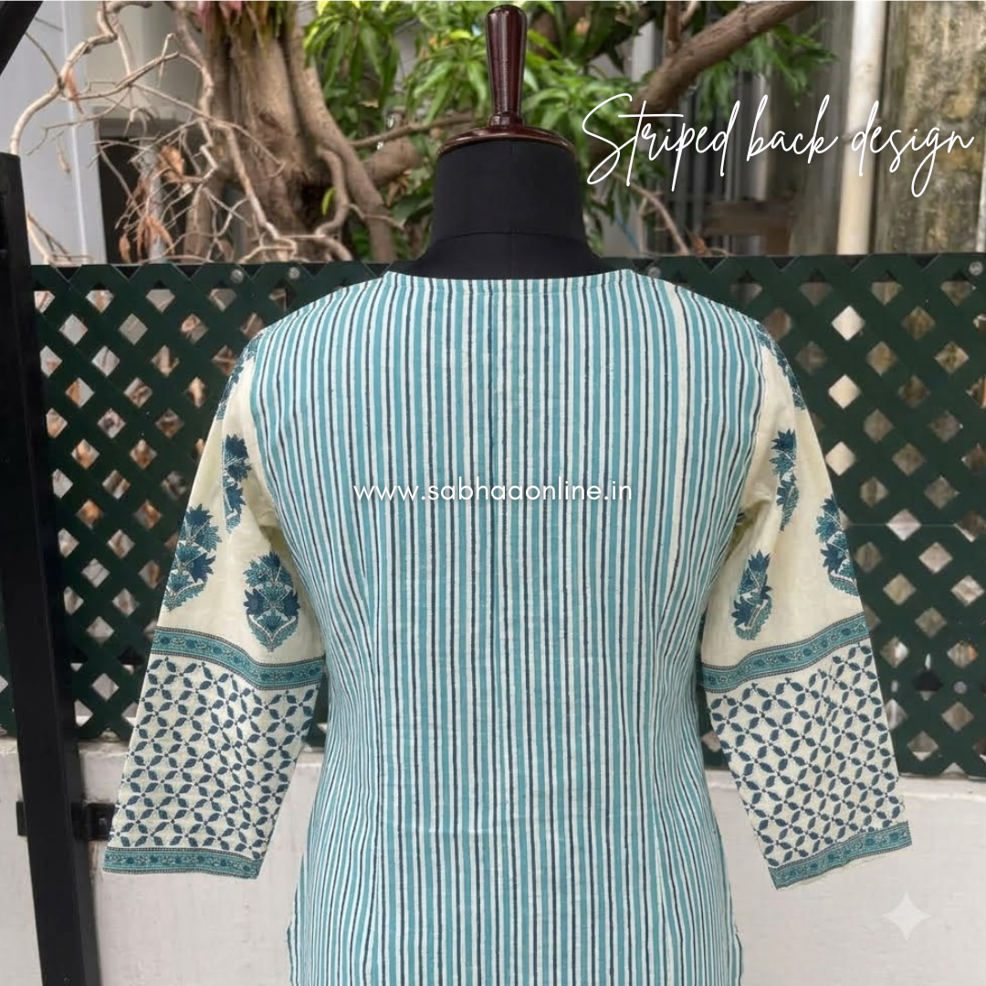 Iniya - Off white(peachy white) and Teal blue Cotton kurti 3pc set (no lining) -  LN 62