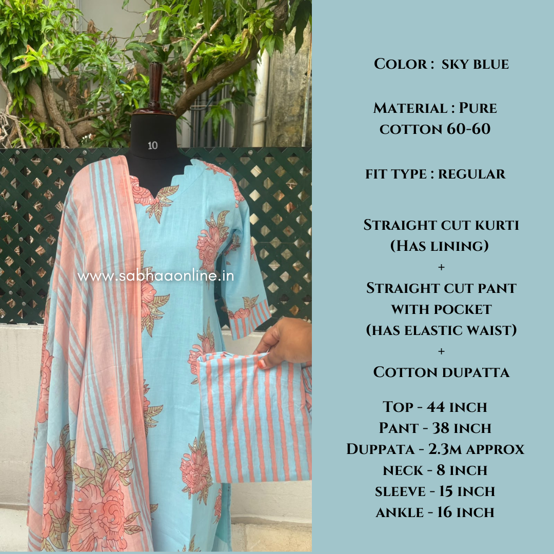 Hina - Sky Blue Florals Cotton kurti 3pc set with lining - LN 76