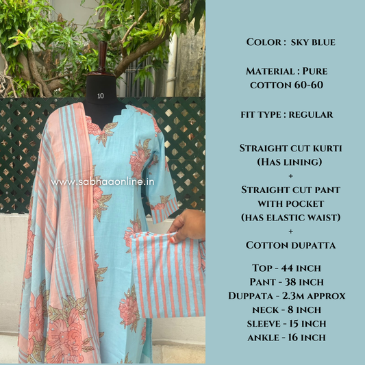 Hina - Sky Blue Florals Cotton kurti 3pc set with lining - LN 76